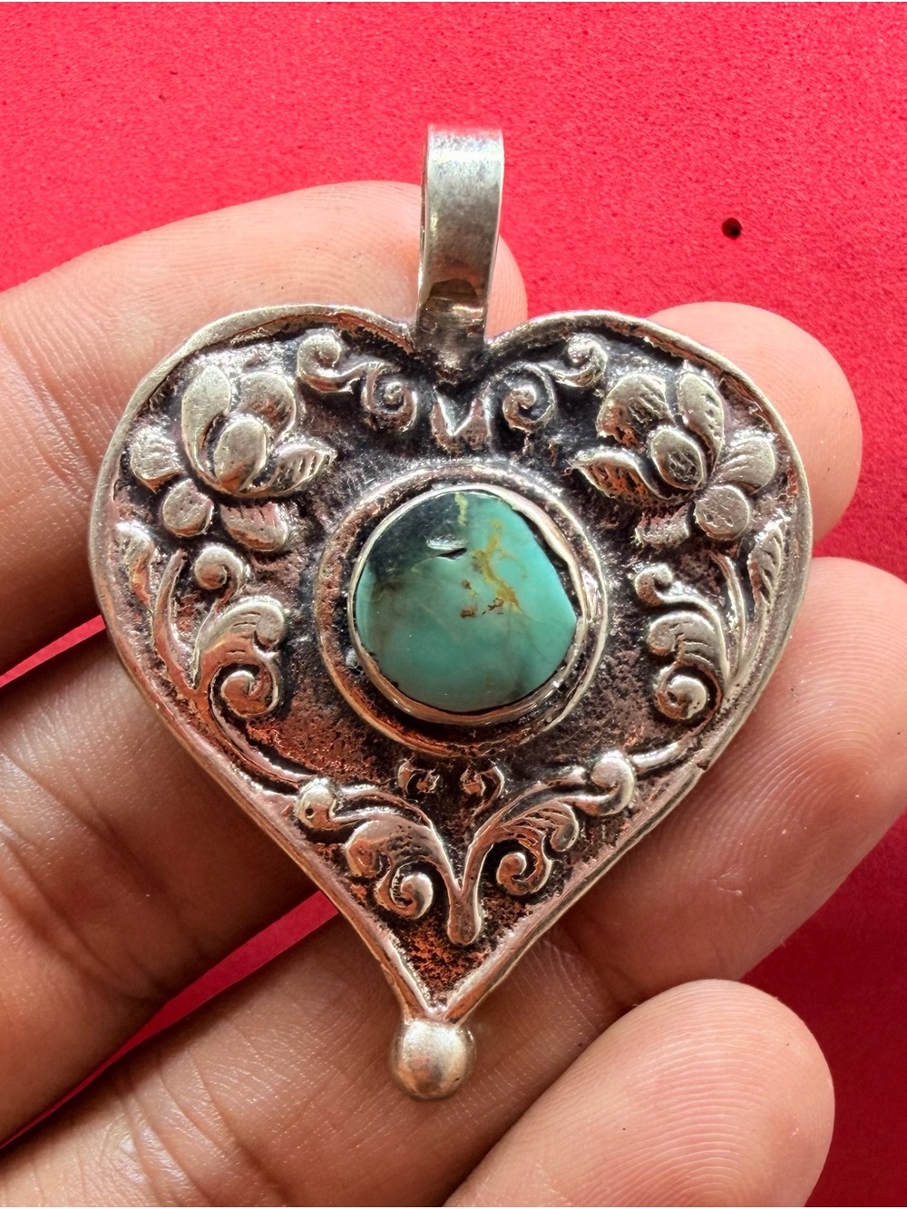 Tibetan Silver Heart Pendant Featuring A Round Turquoise Stone Cabochon Amulet